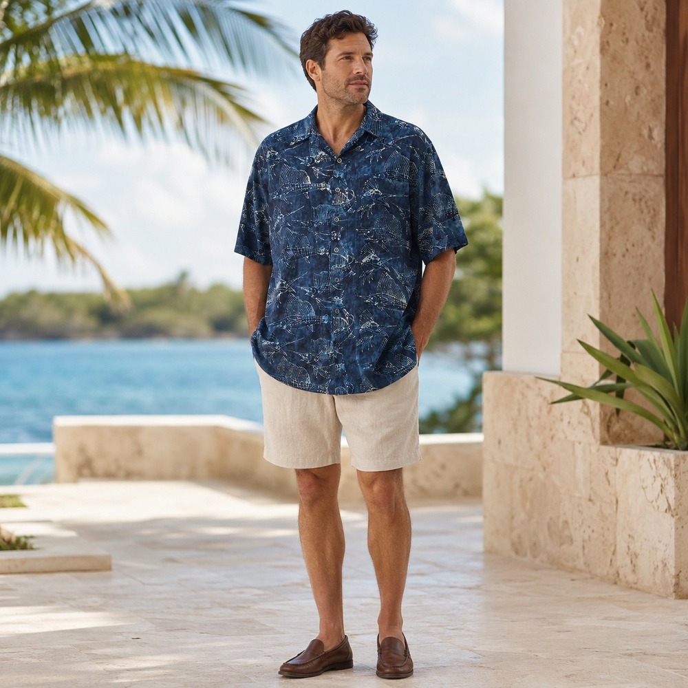 Johari West Sailfish Night Batik Shirt Men's XLT Blue Cotton Hawaiian Fisherman
